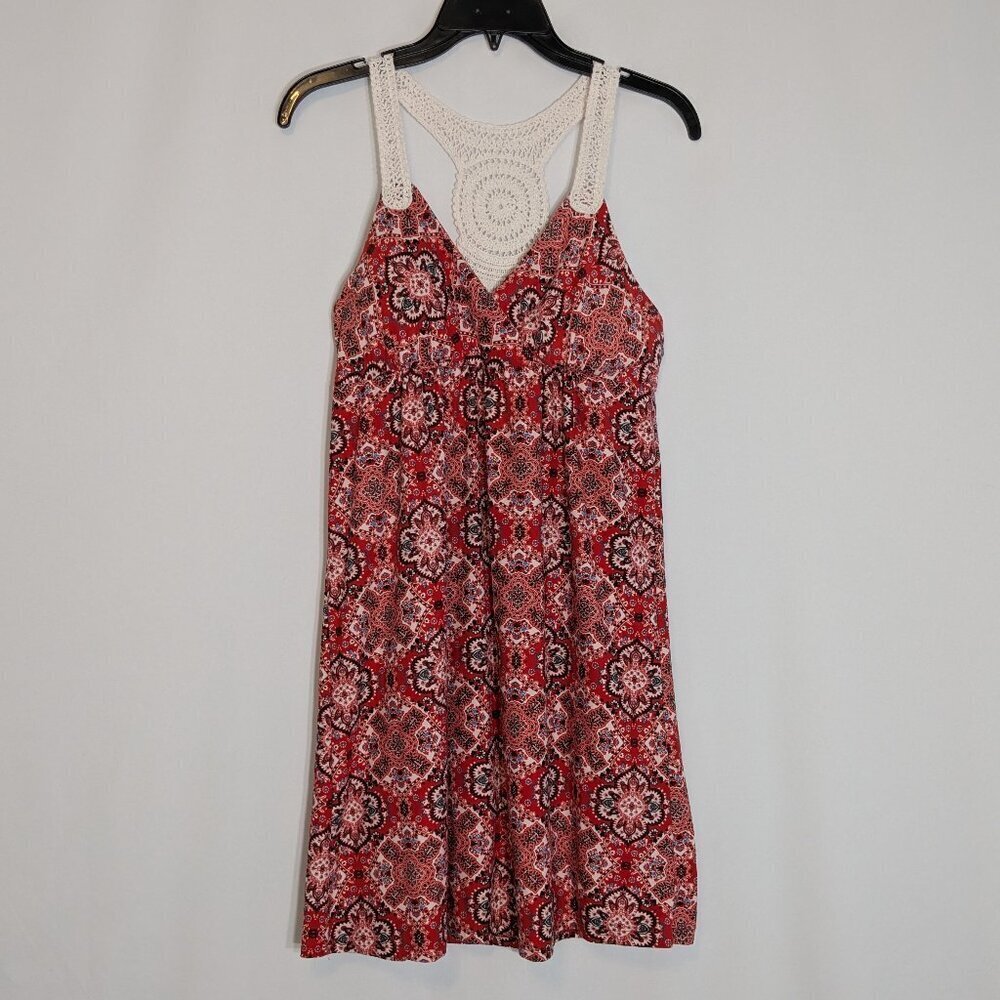 NO BOUNDARIES Red Paisley Short Halter Knit Tank Dress; Crochet Straps; Size M